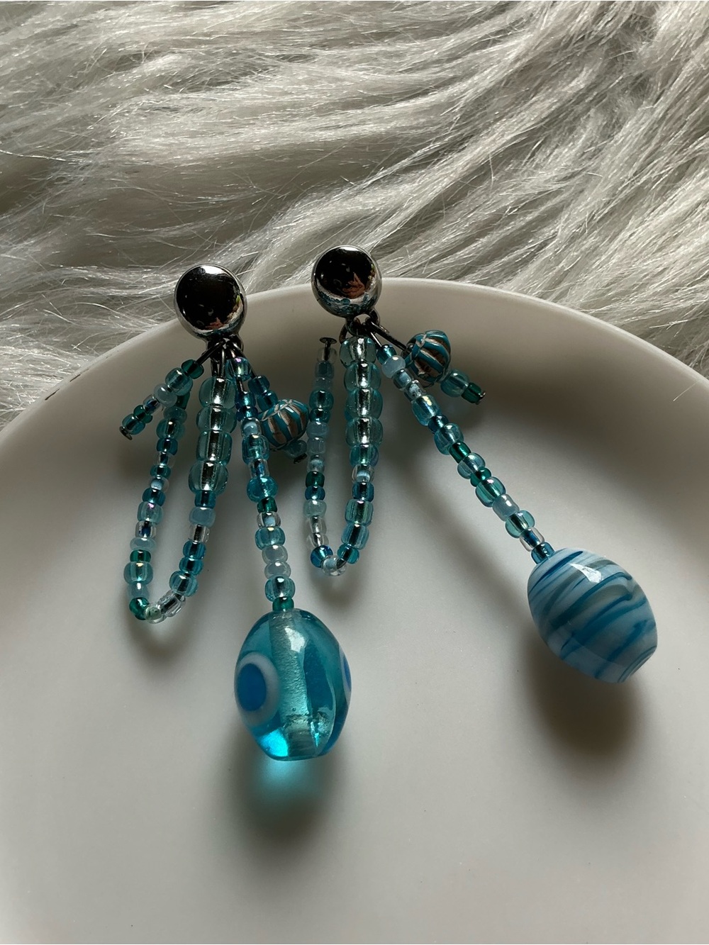 Vintage Asymmetrical Blue Beaded Dangle Earrings with Glass Beads